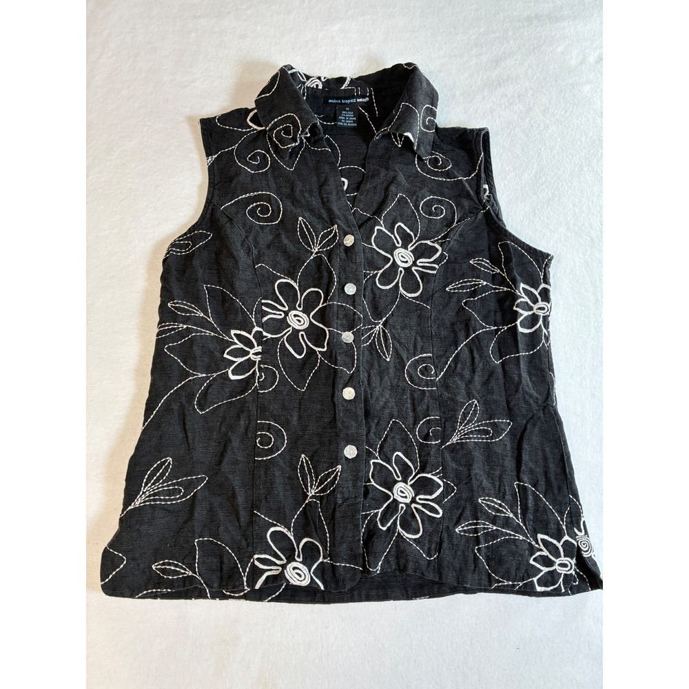 Y2K Saint Tropez West Silk Blend‎ Sleeveless Top Medium Black Whimsigoth Floral